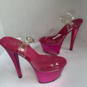 Pleaser SKY-308 Womens 8 Hot Pink Chrome Clear 7” Platform Heels BNWOB